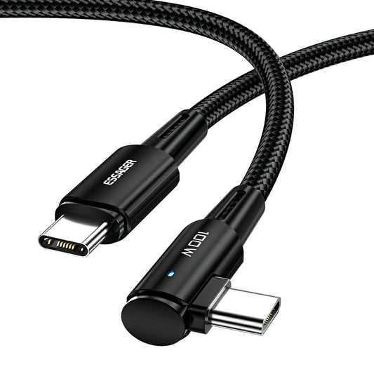 ESSAGER ChenGuang 1m 100W Type-C Male to Type-C Male Elbow Cable 5A Fast Charging Braided Data Cord