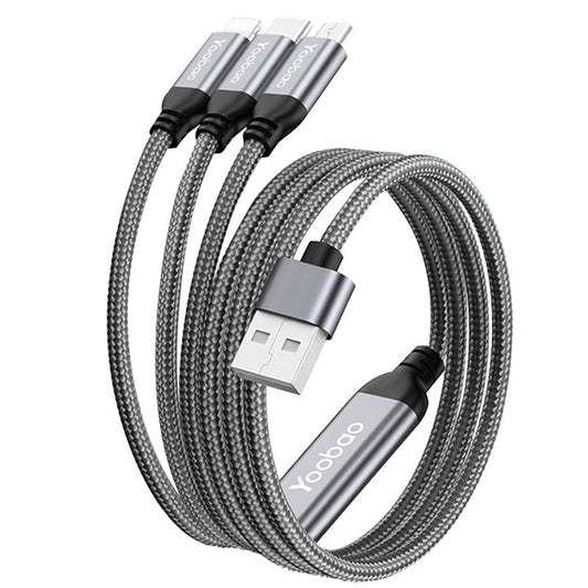 YOOBAO V22 3 in 1 USB to Type-C / Lightning / Micro Retractable Data Cable 3A Fast Charging Nylon Braided Cord