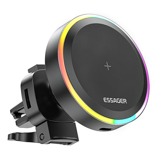 ESSAGER 15W Magnetic Wireless Car Charger Vehicle-Mount Air Vent Phone Charging Holder with RGB Light for iPhone 13 / 12 Series