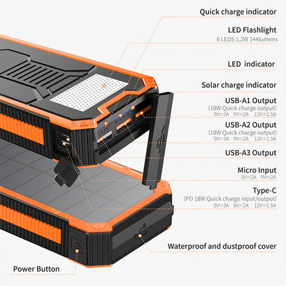 MSL-888K PD18W Bidirectional Fast Charger 20000mAh Outdoor Solar Power Bank Portable Charger External Battery Pack with Flashlight for Camping, Night Riding