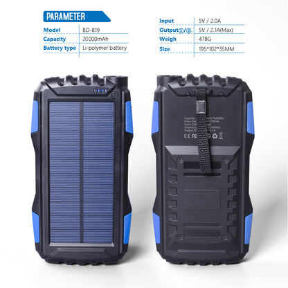 TS-819 Outdoor Waterproof 20000mAh Solar Power Bank Dual USB Phone Charger External Battery with LED Flashlight