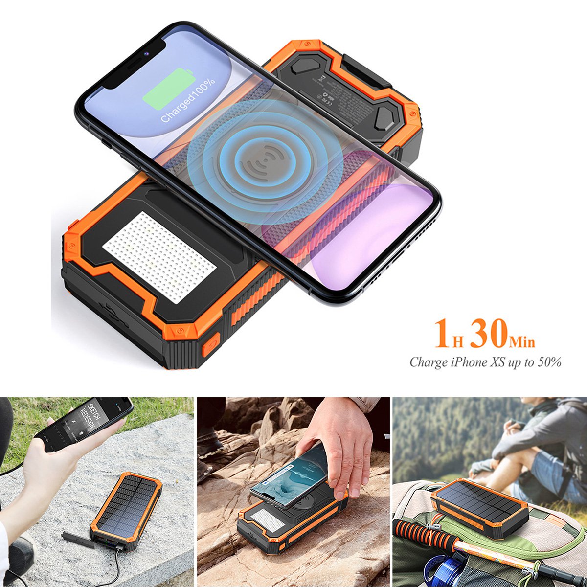 YD-888W Waterproof Solar Power Bank 10000mAh Portable Wireless Charger External Battery Pack with Emergency Light