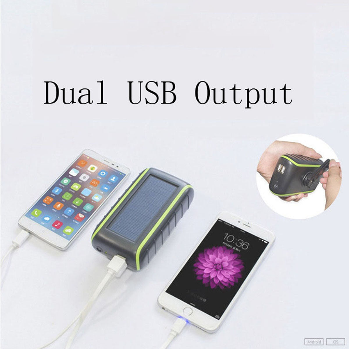 073 Portable Solar Hand Crank 6000mAh Dual USB Power Bank Outdoor Emergency Phone Charger External Battery