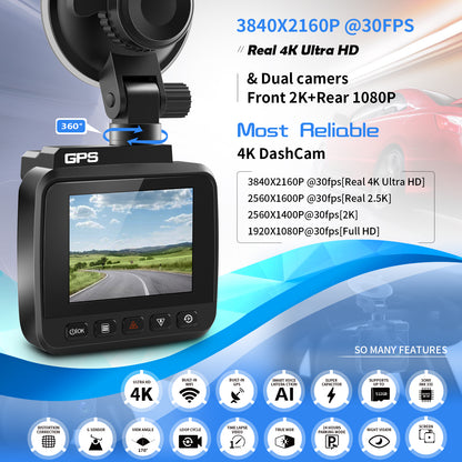 V53 4K Dash Cam Front and Rear Dual Dash Cameras for AZDOME GS63H Recorder Full HD 170&#176; Wide Angle WiFi GPS Backup Camera Supports 128G TF Card