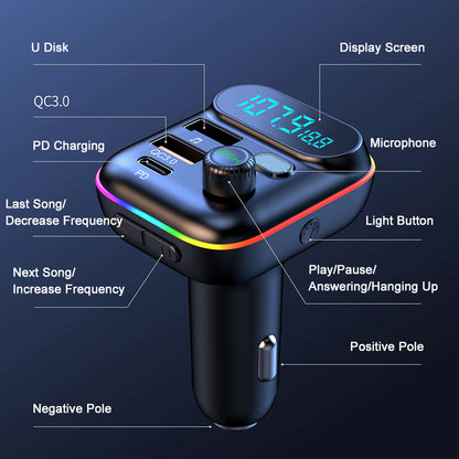 T70 Bluetooth 5.0 FM Transmitter USB PD 18W QC3.0 Fast Charging Adapter Music Player with Hands-free Calling for Car