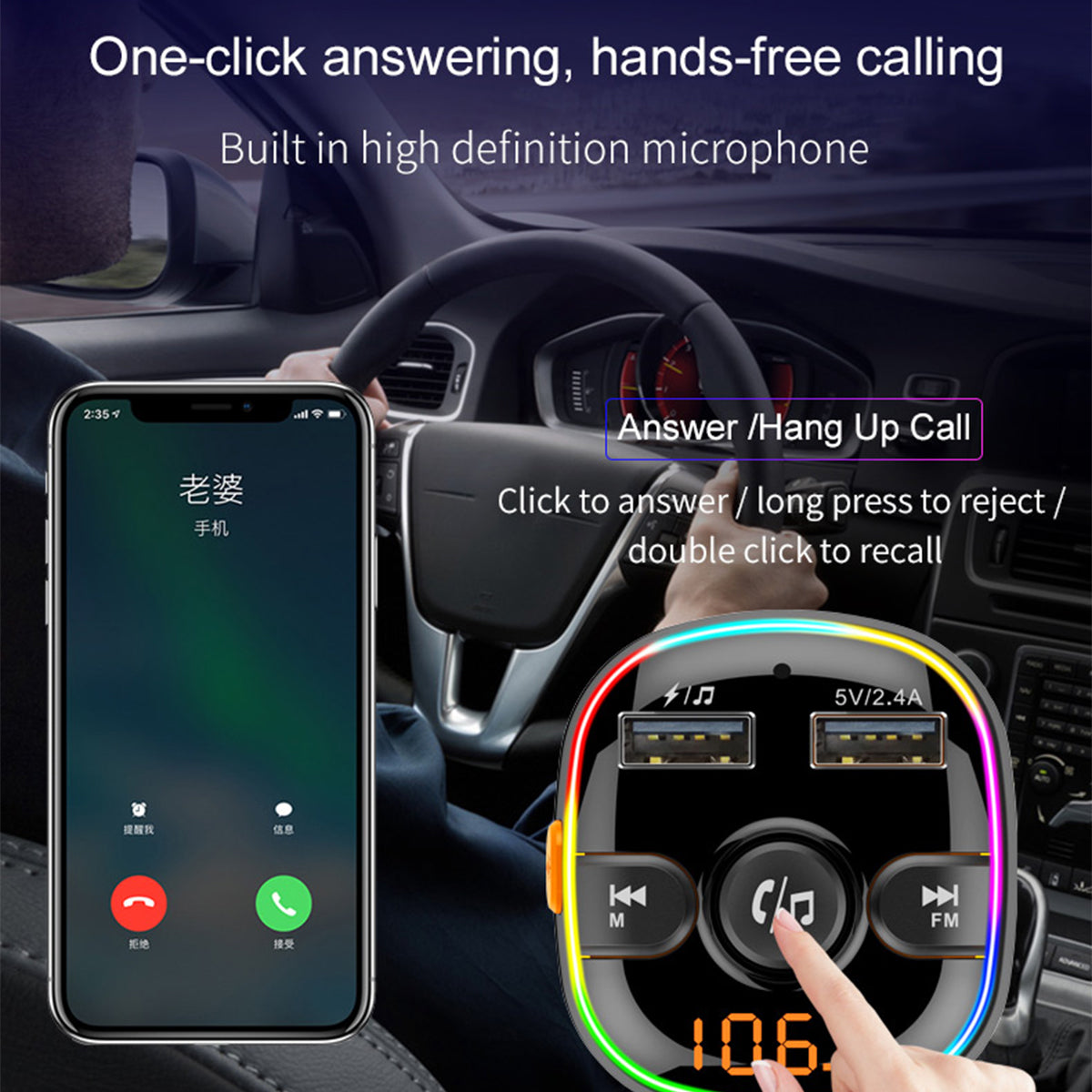 BC52L Car Bluetooth 5.0 FM Transmitter MP3 Audio Music Adapter Support TF Card/U-disk Dual USB Port Car Charger for Smartphone