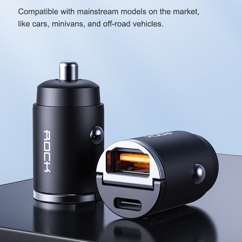 ROCK H15 Dual-Port Car Charger USB+Type C PD 30W Fast Charging Universal Phone Charger Station Cell Phone Automobile Charger