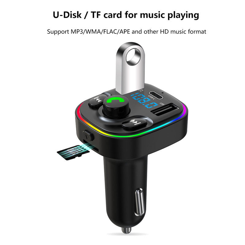 G47 Bluetooth Hands-free Call Car MP3 Player Type-C + Dual USB Ports Phone Charger FM Transmitter with LED Light