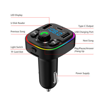 G47 Bluetooth Hands-free Call Car MP3 Player Type-C + Dual USB Ports Phone Charger FM Transmitter with LED Light