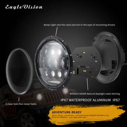 EAGLEVISION C0045 7inch 13-LED Waterproof DRL Light High Low Beam Car Truck Round Headlight for Jeep Wrangler