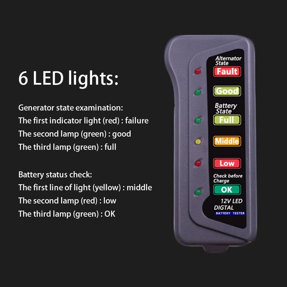 12V E-bike Vehicle Battery Tester with 6 LED Lights Portable Battery Detector for Cars Motorcycles