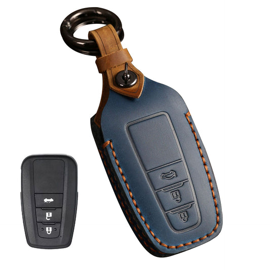 B038 Crazy Horse Cowhide Leather Sleeve 3-Button Car Key Remote Cover Protector Case for Toyota Corolla RAV4 Camry