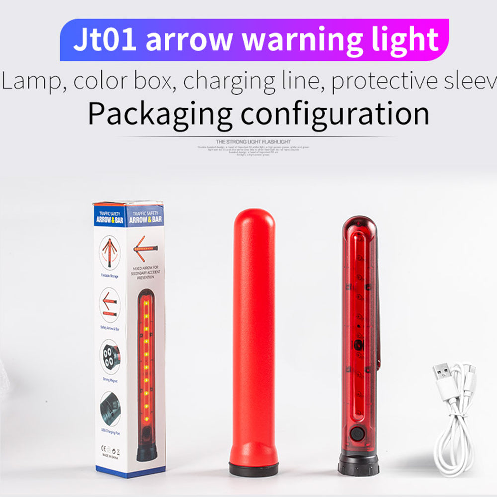 JT01 Arrow Shaped LED Light Waterproof Emergency Safety Warning Lamp Vehicle Magnetic Design USB Rechargeable Red Light Strobe Light Bar with Bottom Hanging Hook