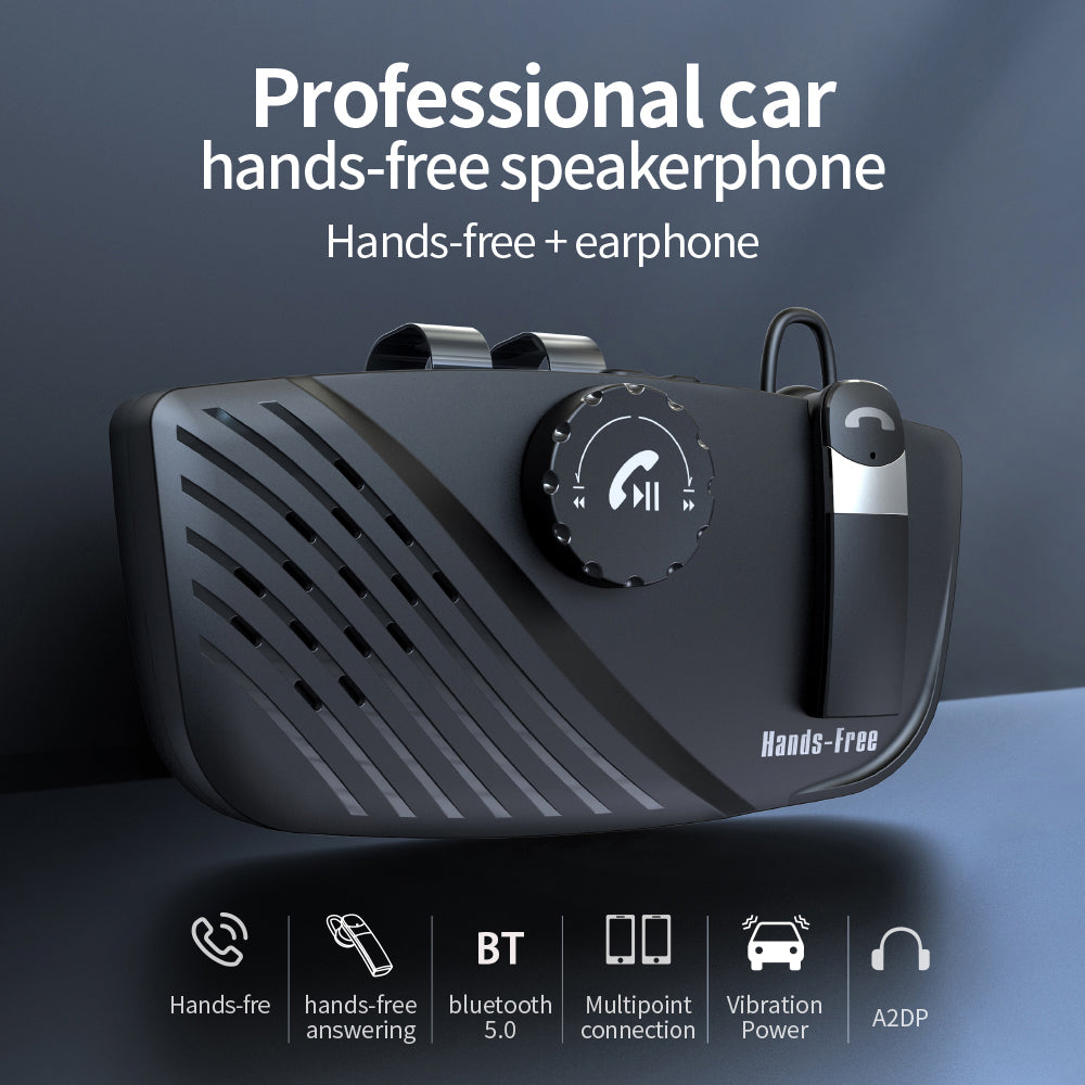 SP16 2 in 1 Portable Sun Visor Hands-free Bluetooth Speakerphone Smart Vibration Power ON Wireless Car Kit with Earphone/Back Clip Support for Siri Google Voice Control