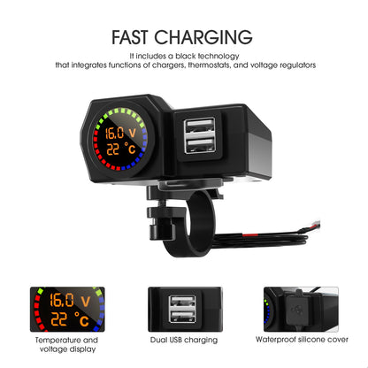 WUPP CS-1747A1 Motorcycle Modify 3.4A Dual USB Charger Voltage Temperature Digital Display Waterproof Phone Charging Adapter