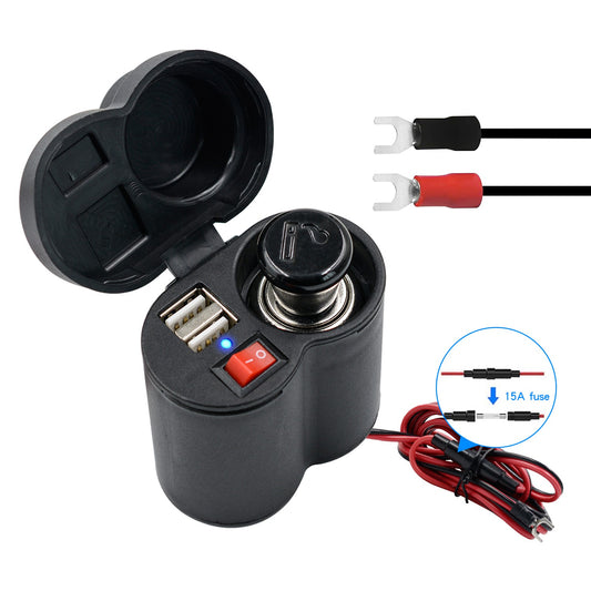 CS-313F1 12-24V Motorcycle Modify Dual USB Charger Waterproof Phone Charging Adapter with Cigarette Lighter Head and Switch