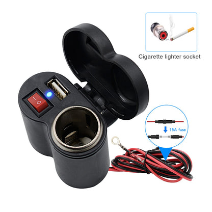 CS-313G1 Motorcycle Modify USB Charger Waterproof Phone Charging Adapter with Cigarette Lighter Socket and Switch