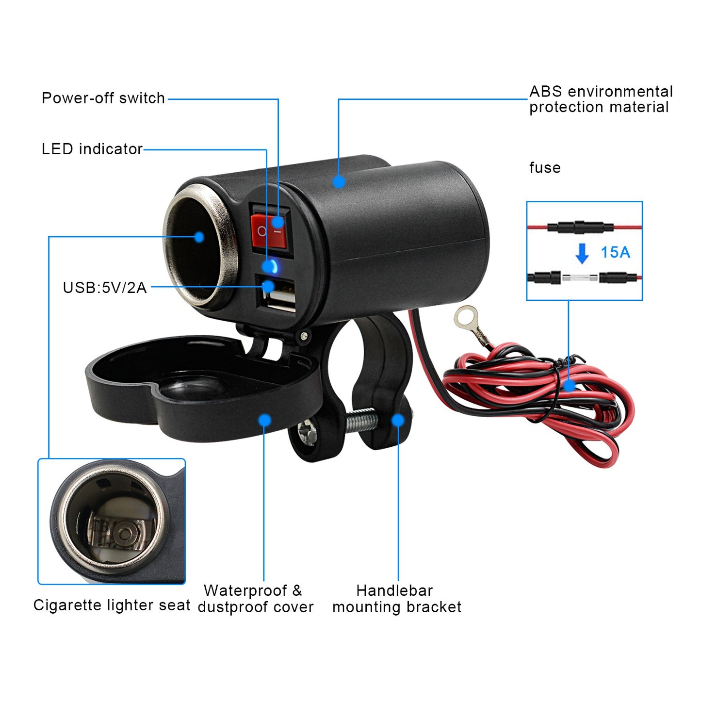 CS-313G1 Motorcycle Modify USB Charger Waterproof Phone Charging Adapter with Cigarette Lighter Socket and Switch