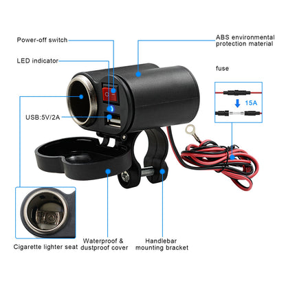 CS-313G1 Motorcycle Modify USB Charger Waterproof Phone Charging Adapter with Cigarette Lighter Socket and Switch