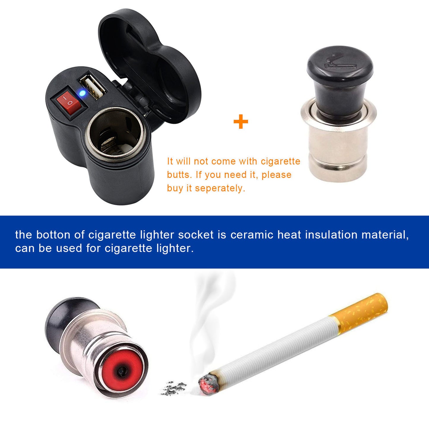 CS-313G1 Motorcycle Modify USB Charger Waterproof Phone Charging Adapter with Cigarette Lighter Socket and Switch