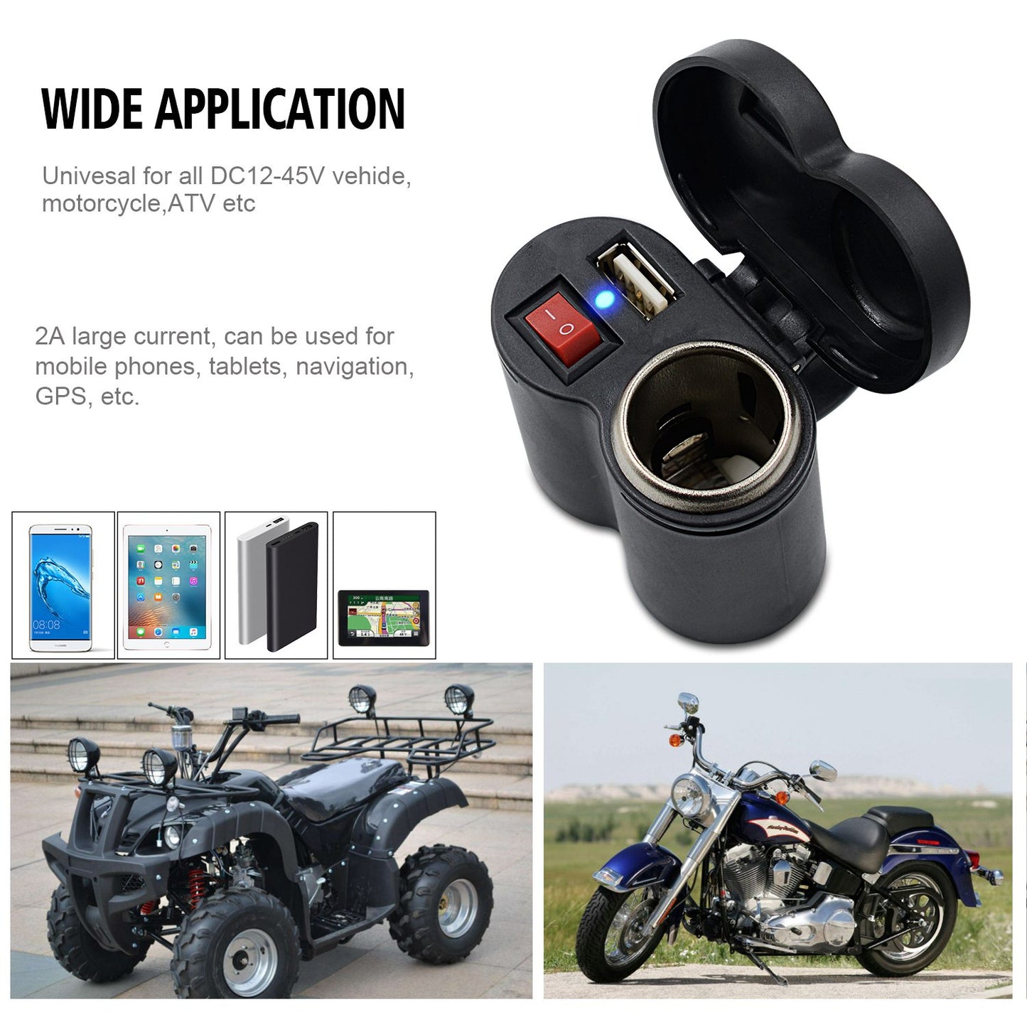 CS-313G1 Motorcycle Modify USB Charger Waterproof Phone Charging Adapter with Cigarette Lighter Socket and Switch