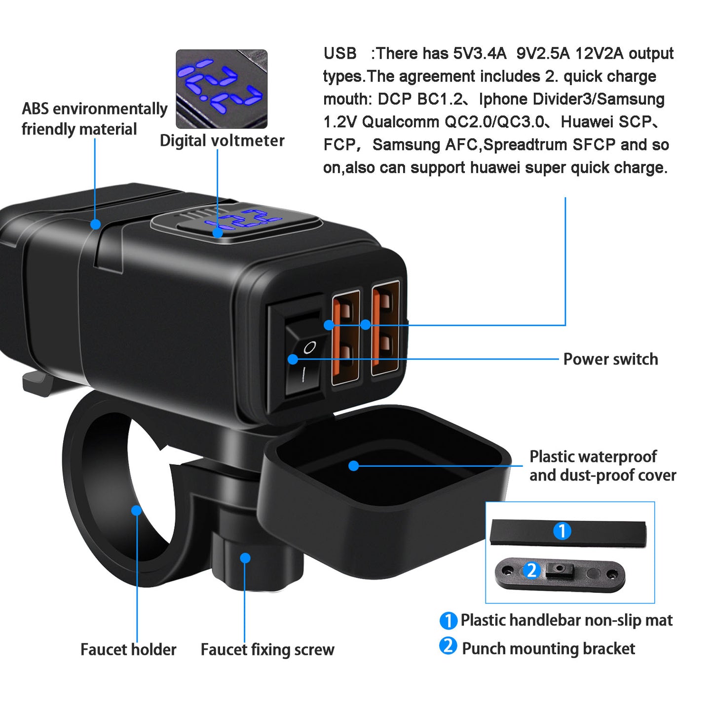 WUPP ZH-854A Motorcycle Handlebar Dual USB QC3.0 Phone Charger Voltmeter Fast Charge Adapter with Switch