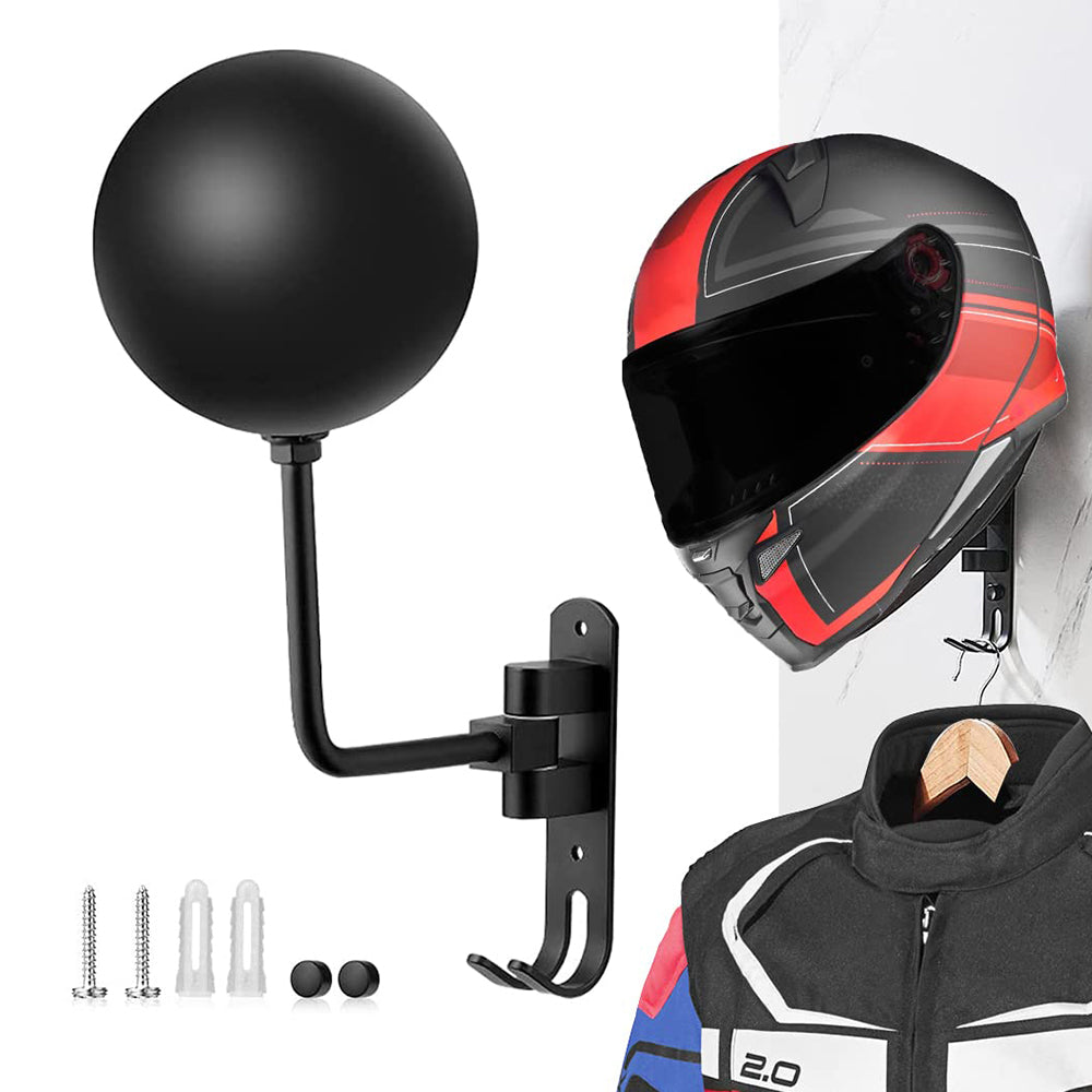 Motorcycle Wall Mounted Helmet Holder 180-Degree Rotating E-Bike Helmet Display Rack with 2 Hook for Hats, Caps, Coats, Jackets