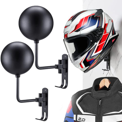 1Pair Motorcycle Wall Mounted Helmet Display Rack 180-Degree Rotating E-Bike Helmet Holder with 2 Hook for Hats, Caps, Keys, Bags