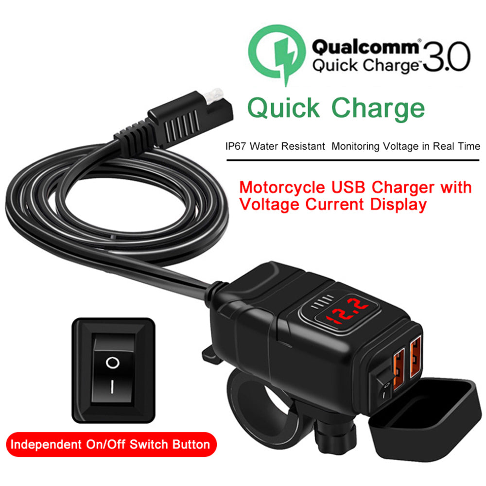 WUPP Motorcycle Handlebar Dual USB Phone Charger Waterproof QC3.0 Adapter Power Supply Socket Voltmeter