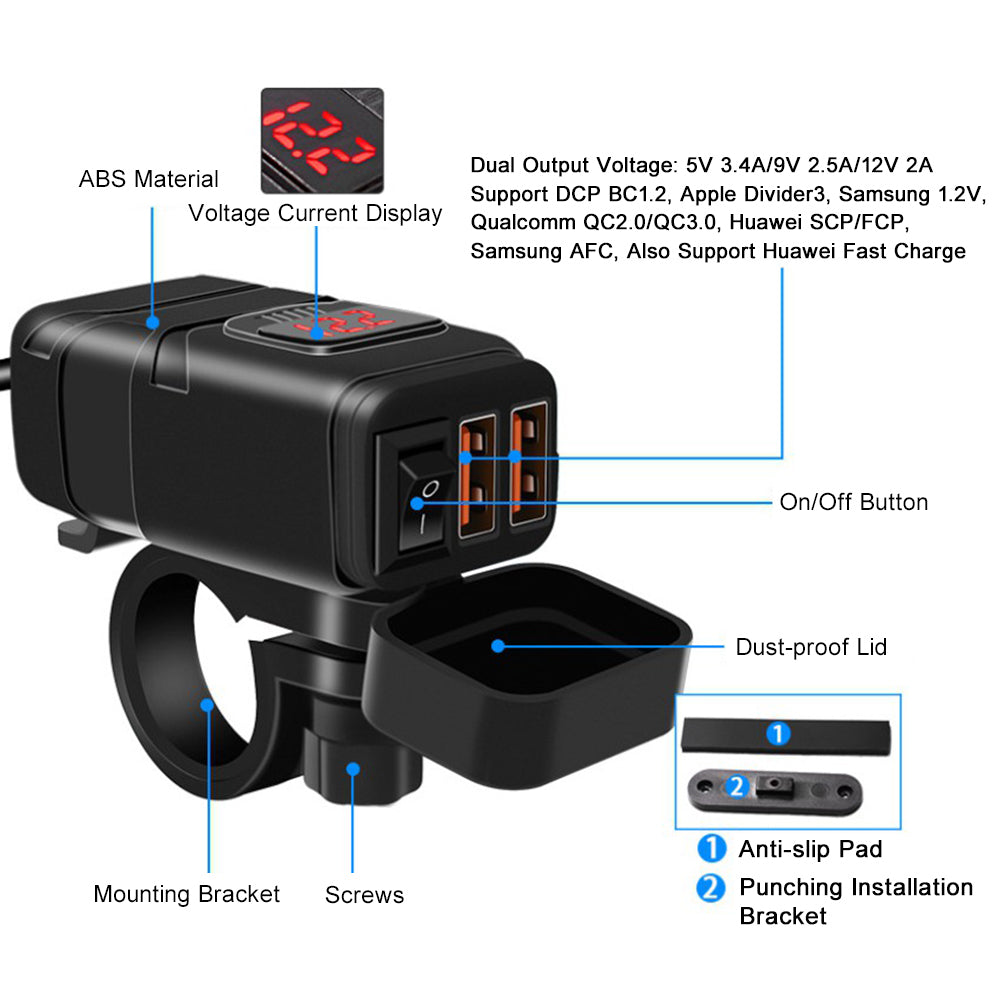 WUPP Motorcycle Handlebar Dual USB Phone Charger Waterproof QC3.0 Adapter Power Supply Socket Voltmeter