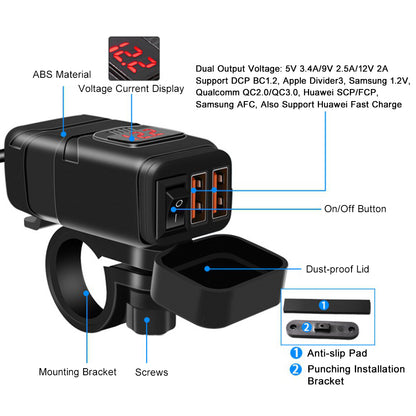 WUPP Motorcycle Handlebar Dual USB Phone Charger Waterproof QC3.0 Adapter Power Supply Socket Voltmeter