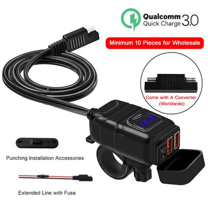 WUPP Motorcycle Handlebar Dual USB Phone Charger Waterproof QC3.0 Adapter Power Supply Socket Voltmeter