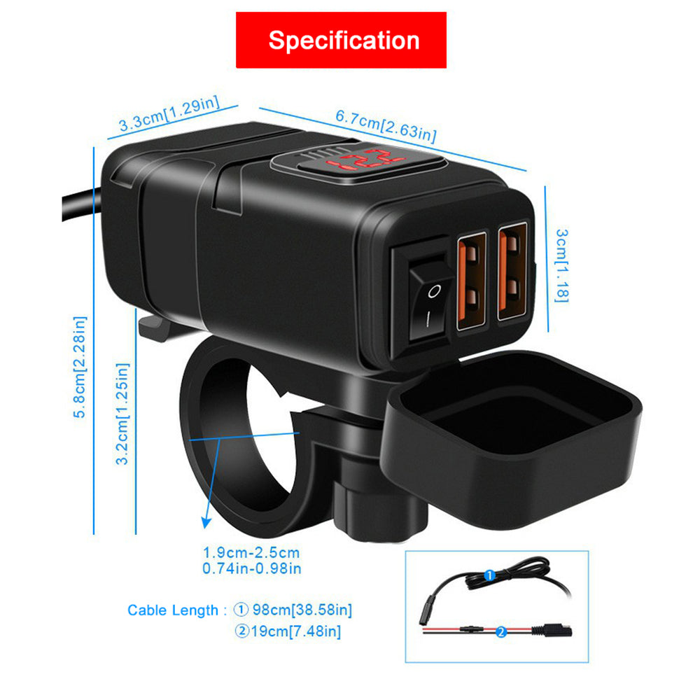 WUPP Motorcycle Handlebar Dual USB Phone Charger Waterproof QC3.0 Adapter Power Supply Socket Voltmeter