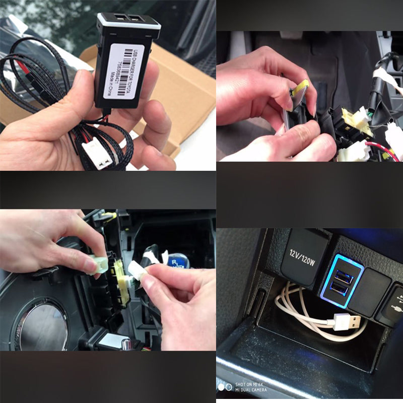 QC3.0 Dual USB Port Blue LED Light Car Charger Socket Adapter Phone Charging Modification Accessory for Toyota (Cigarette Lighter Wiring Connection)