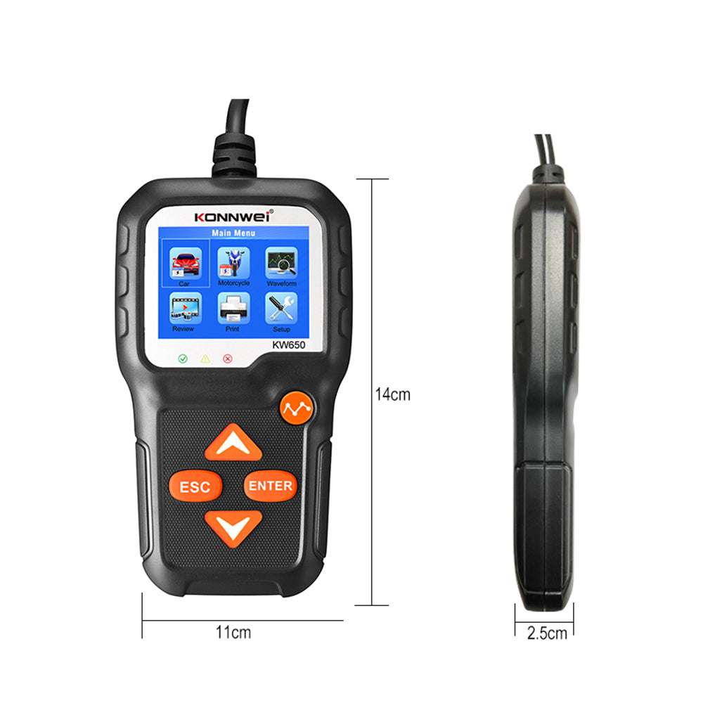 KONNWEI KW650 6-12V Car Motorcycle Battery Tester Charging Cranking Test Tool Battery Analyzer 100 to 2000 CCA