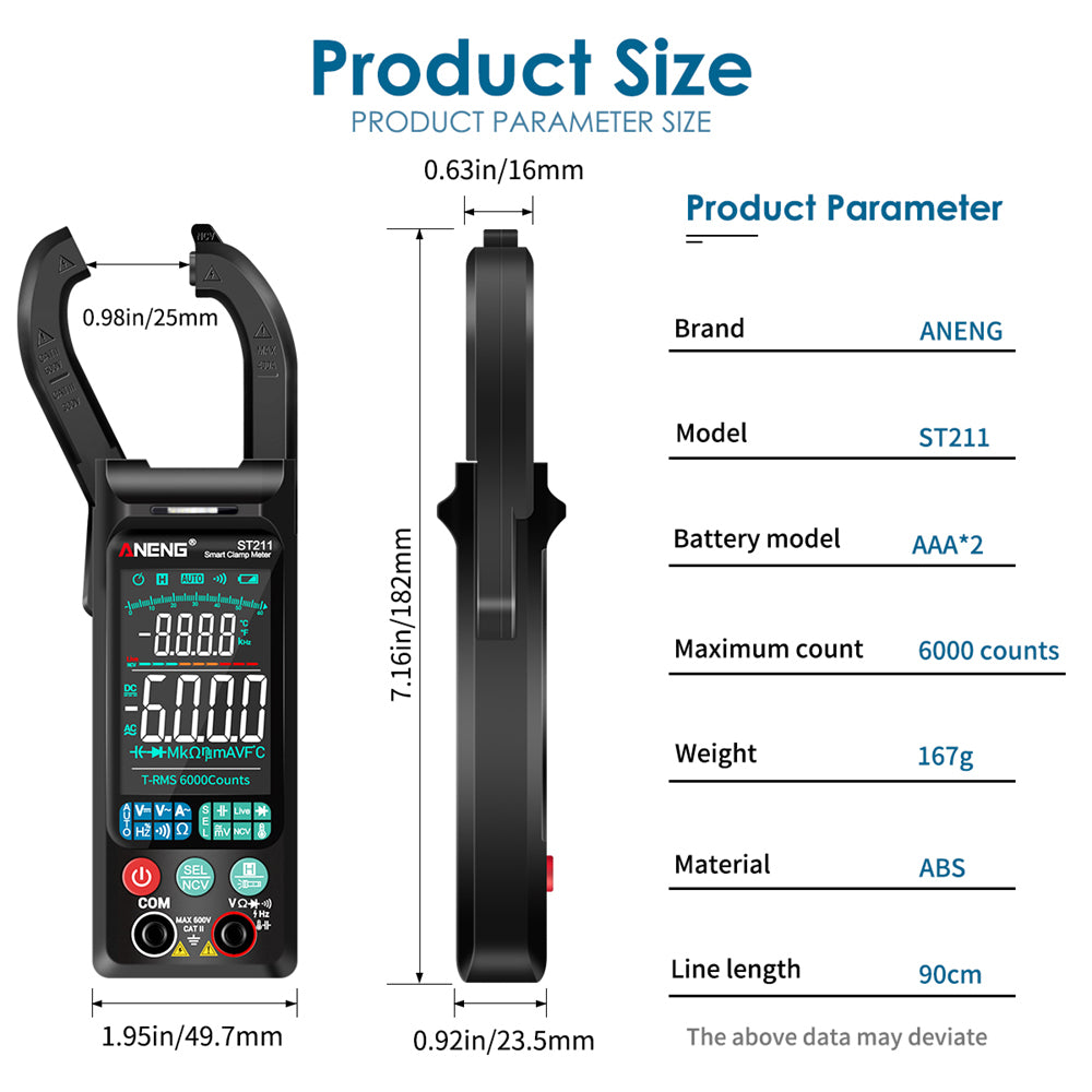 ANENG ST211 Big Color Screen Digital Clamp Meter Multimeter 6000 Counts AC DC Voltage Current Tester