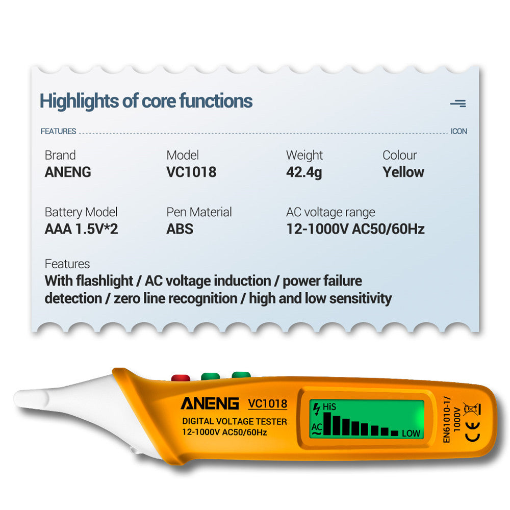 ANENG VC1018 12V-1000V Non-contact Electric Sensor Tester Pen Digital AC Voltage Meter Buzzer Detector with LCD Screen