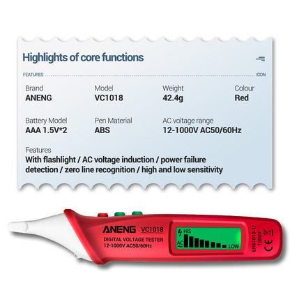 ANENG VC1018 12V-1000V Non-contact Electric Sensor Tester Pen Digital AC Voltage Meter Buzzer Detector with LCD Screen
