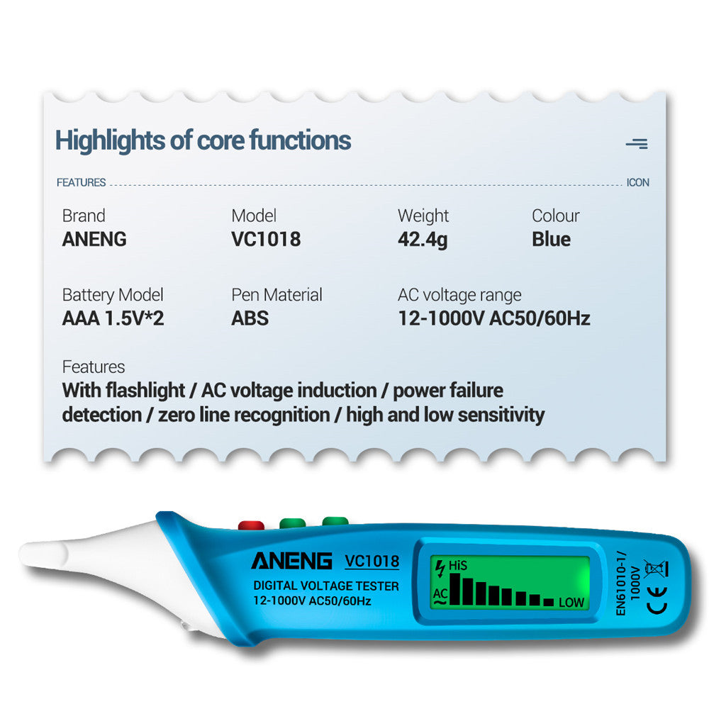ANENG VC1018 12V-1000V Non-contact Electric Sensor Tester Pen Digital AC Voltage Meter Buzzer Detector with LCD Screen