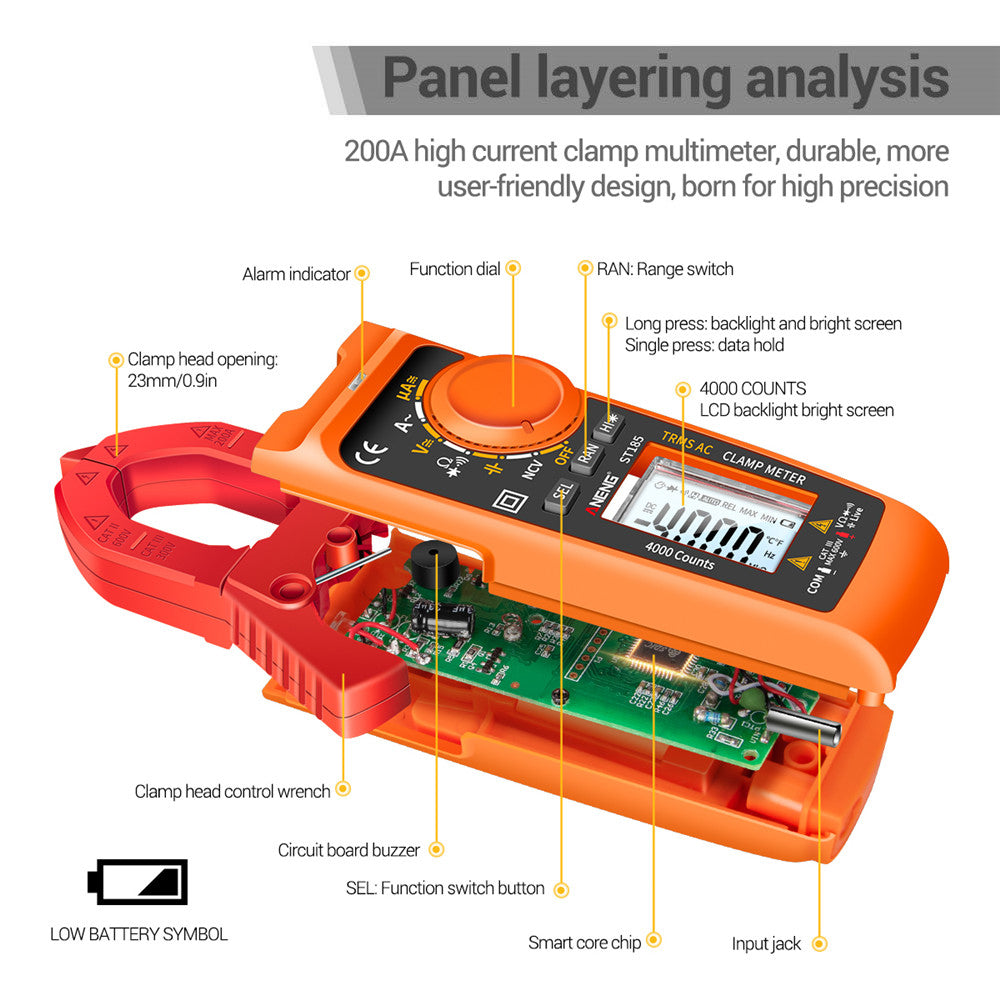 ANENG ST185 Clamp Digital Meter Multimeter 4000 Counts True RMS 200A Ammeter Voltage Tester