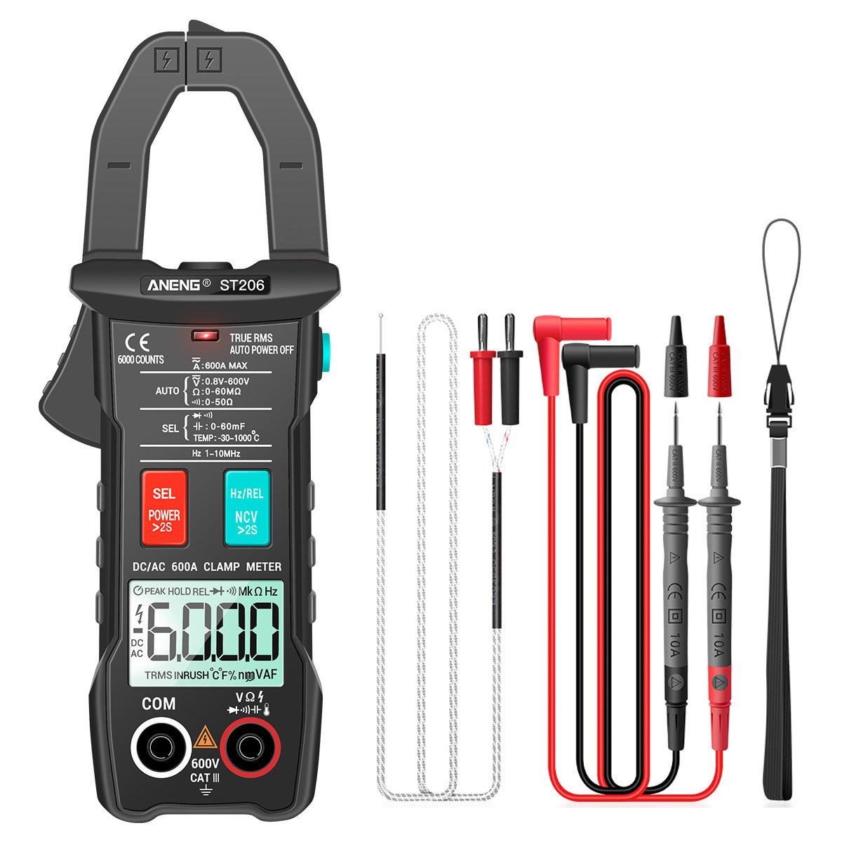 ANENG ST206 Digital Clamp Multimeter Power Meter 6000 Counts Auto Range AC/DC Current Voltage Transistor Tester