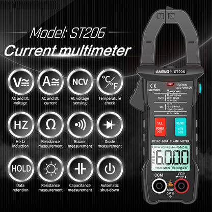 ANENG ST206 Digital Clamp Multimeter Power Meter 6000 Counts Auto Range AC/DC Current Voltage Transistor Tester