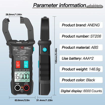 ANENG ST206 Digital Clamp Multimeter Power Meter 6000 Counts Auto Range AC/DC Current Voltage Transistor Tester