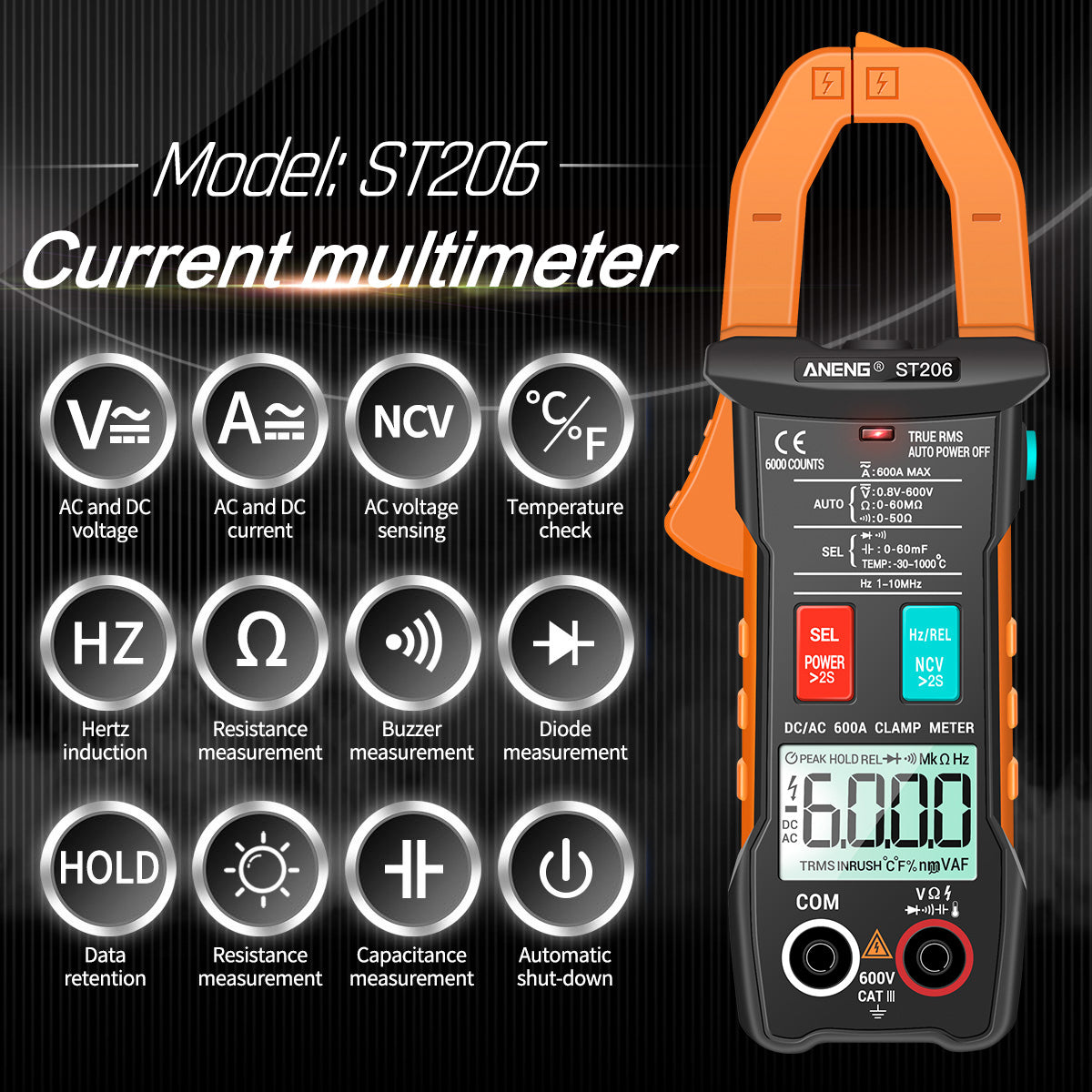 ANENG ST206 Digital Clamp Multimeter Power Meter 6000 Counts Auto Range AC/DC Current Voltage Transistor Tester