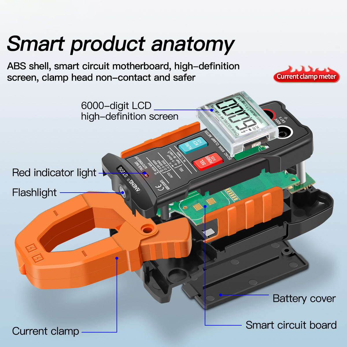 ANENG ST206 Digital Clamp Multimeter Power Meter 6000 Counts Auto Range AC/DC Current Voltage Transistor Tester