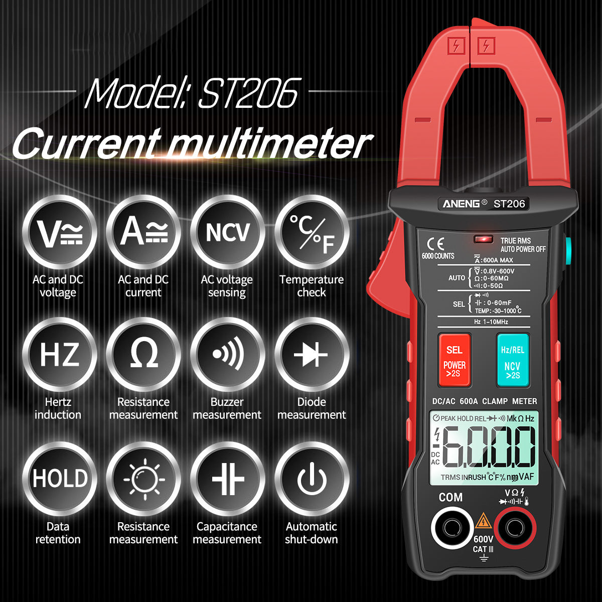 ANENG ST206 Digital Clamp Multimeter Power Meter 6000 Counts Auto Range AC/DC Current Voltage Transistor Tester