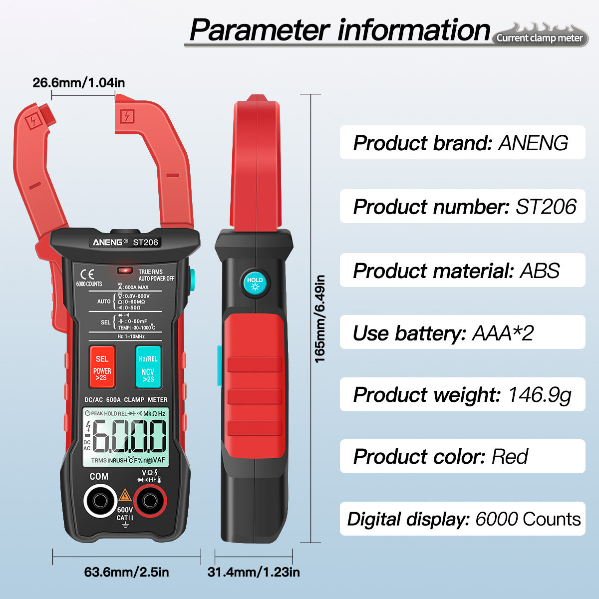 ANENG ST206 Digital Clamp Multimeter Power Meter 6000 Counts Auto Range AC/DC Current Voltage Transistor Tester