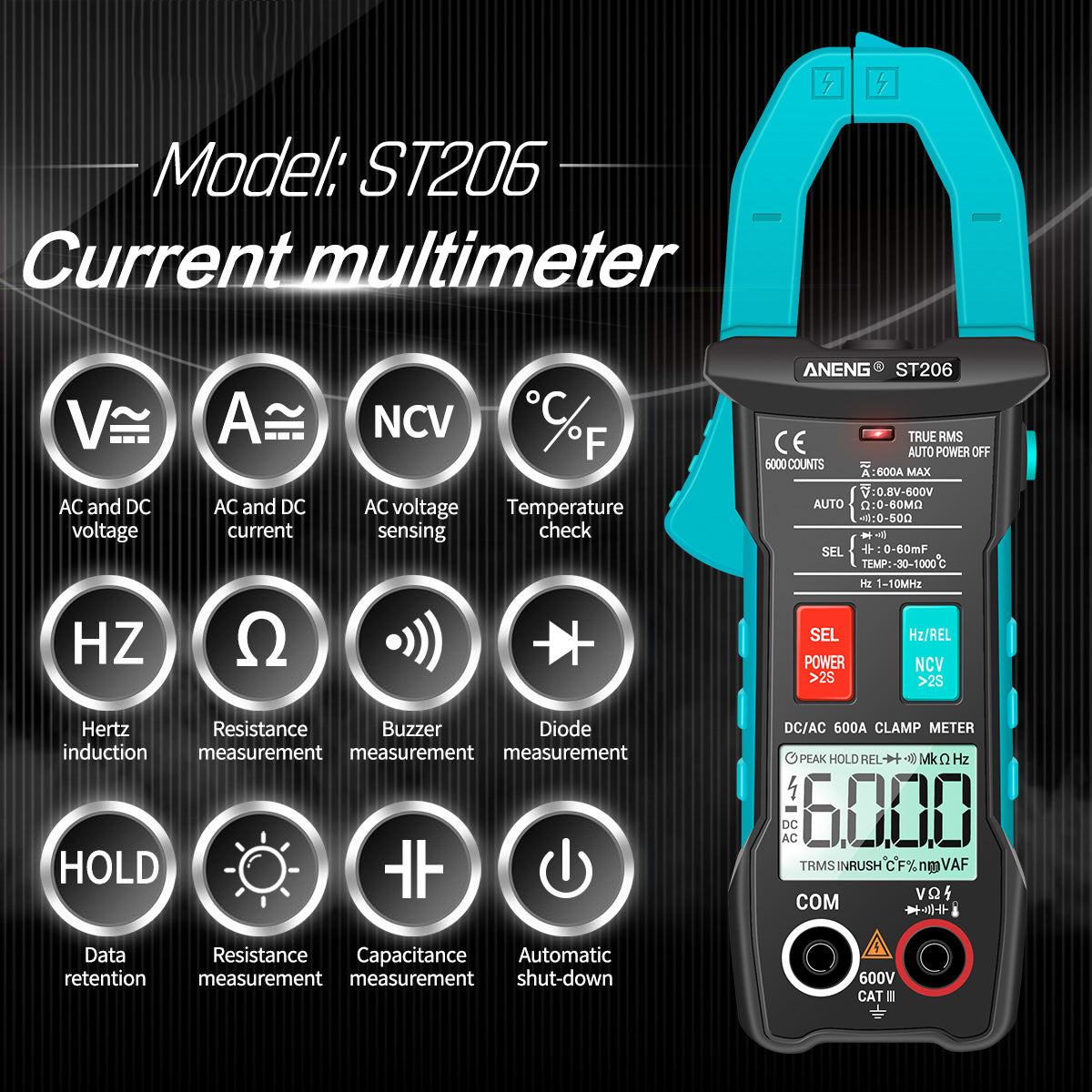 ANENG ST206 Digital Clamp Multimeter Power Meter 6000 Counts Auto Range AC/DC Current Voltage Transistor Tester