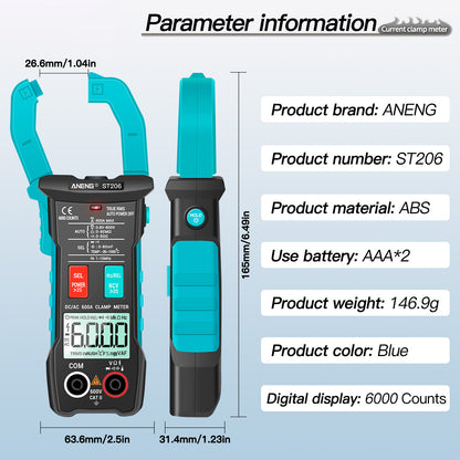 ANENG ST206 Digital Clamp Multimeter Power Meter 6000 Counts Auto Range AC/DC Current Voltage Transistor Tester