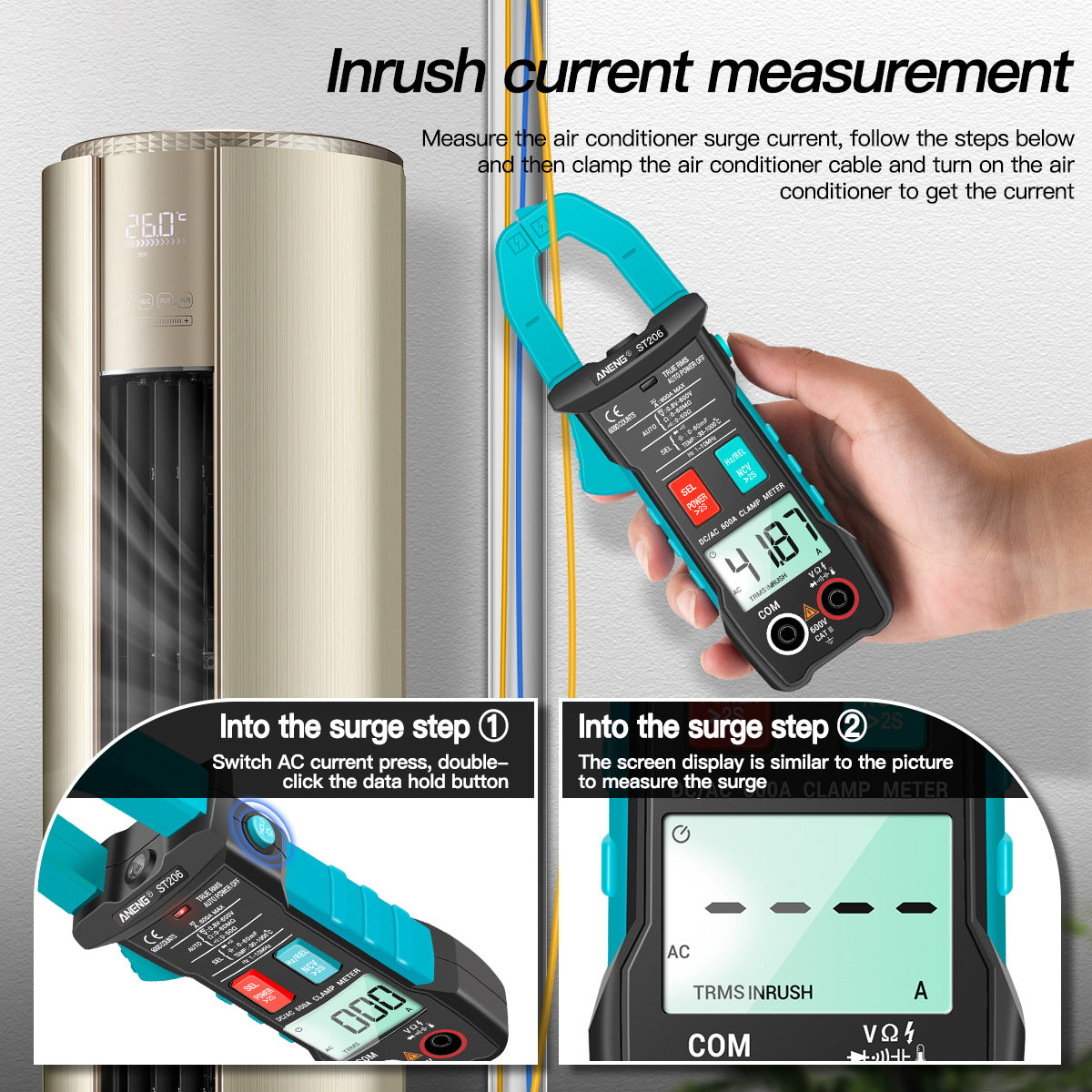 ANENG ST206 Digital Clamp Multimeter Power Meter 6000 Counts Auto Range AC/DC Current Voltage Transistor Tester